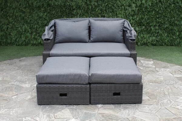 OUTFLEXX Fontana Loungebett, Grau, Polyrattan, Doppel-halbrund, Mit Unterschiebbaren Hockern, Dach Klappbar 13 OUTFLEXX Fontana Loungebett, Grau, Polyrattan, Doppel-halbrund, Mit Unterschiebbaren Hockern, Dach Klappbar – Bild 11