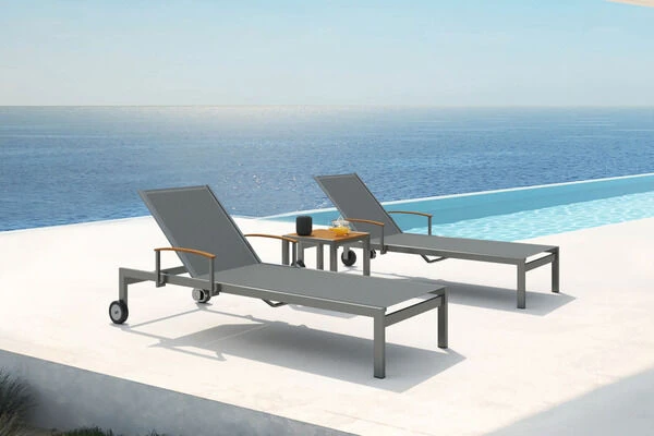 OUTFLEXX 2er-Set Sonnenliegen, Taupe, Edelstahl/Teak, 195,5x74x35cm, Mit Beistelltisch 45x45cm 3 OUTFLEXX 2er-Set Sonnenliegen, Taupe, Edelstahl/Teak, 195,5x74x35cm, Mit Beistelltisch 45x45cm