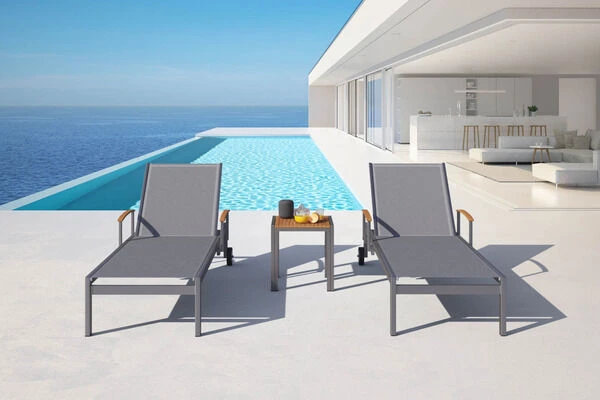 OUTFLEXX 2er-Set Sonnenliegen, Taupe, Edelstahl/Teak, 195,5x74x35cm, Mit Beistelltisch 45x45cm 4 OUTFLEXX 2er-Set Sonnenliegen, Taupe, Edelstahl/Teak, 195,5x74x35cm, Mit Beistelltisch 45x45cm – Bild 2