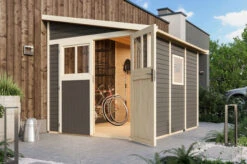 KARIBU Anlehnhaus Bomlitz 3, Terragrau, Fichtenholz 19mm, 255 X 268 X 243 Cm, Pultdach, Exkl. Fußboden