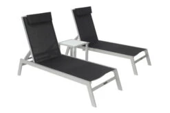 VILLANA 2er-Set Sonnenliegen, Silber/schwarz, Alu/Textil, 198x66x32cm, Mit Beistelltisch 45x45cm