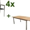 STERN Polaris Esstischgruppe, Silbergrau, Edelstahl/FSC-Teak, Tisch 180/240 X 100 Cm, 4 Stapelsessel