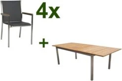 STERN Polaris Esstischgruppe, Silbergrau, Edelstahl/FSC-Teak, Tisch 180/240 X 100 Cm, 4 Stapelsessel