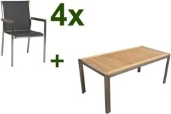 STERN Polaris Esstischgarnitur, Silbergrau, Edelstahl/FSC-Teak, Tisch 180 X 90 Cm, 4 Stapelsessel