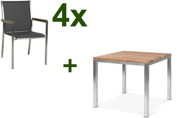 STERN Polaris Esstischgruppe, Silbergrau, Edelstahl/recycled Teak, Tisch 90 X 90 Cm, 4 Stapelsessel 3 STERN Polaris Esstischgruppe, Silbergrau, Edelstahl/recycled Teak, Tisch 90 X 90 Cm, 4 Stapelsessel