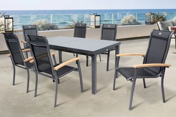 HARTMAN Alice Esstischgarnitur, Xerix, Alu/4x4 Textilen, Tisch 180/240x100cm, 6 Stapelsessel 2 HARTMAN Alice Esstischgarnitur, Xerix, Alu/4x4 Textilen, Tisch 180/240x100cm, 6 Stapelsessel