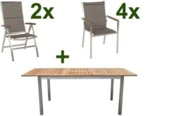 STERN Cardiff Esstischgruppe, Silber/taupe, Edelstahl/FSC-Teak, Tisch 150/200 X 90 Cm, 4 Stapel-, 2 Multipositionssessel