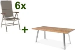 STERN Cardiff Esstischgruppe, Silber/taupe, Edelstahl/Teak, Tisch 160 X 90 Cm, 6 Multipositionssessel