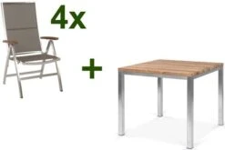STERN Cardiff Esstischgruppe, Silber/taupe, Edelstahl/Teak, Tisch 90 X 90 Cm, 4 Multipositionssessel