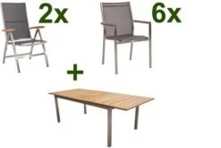 STERN Cardiff Set, Silber/silbergrau, Edelstahl/FSC-Teak, Tisch 200/300 X 100 Cm, 6 Stapel-, 2 Multipositionssessel