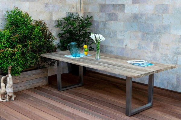 OUTFLEXX Esstisch, Natur, Edelstahl & Recycled FSC-Teak, 240 X 100 Cm, Baumkante 3 OUTFLEXX Esstisch, Natur, Edelstahl & Recycled FSC-Teak, 240 X 100 Cm, Baumkante
