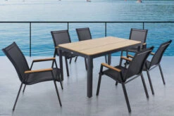 OUTFLEXX Esstischgarnitur, Anthrazit Matt/natur, AluHolzimitat, 150 X 91 Cm, 7tlg., 6 Pers, Stapelbar