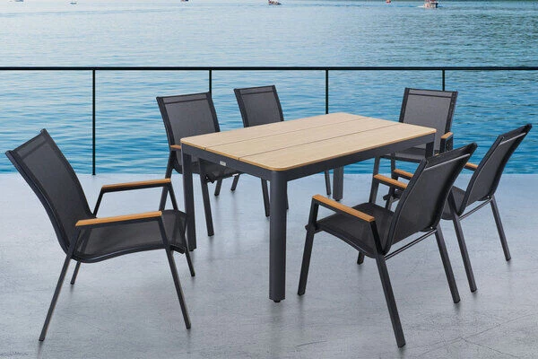 OUTFLEXX Esstischgarnitur, Anthrazit Matt/natur, AluHolzimitat, 150 X 91 Cm, 7tlg., 6 Pers, Stapelbar 3 OUTFLEXX Esstischgarnitur, Anthrazit Matt/natur, AluHolzimitat, 150 X 91 Cm, 7tlg., 6 Pers, Stapelbar