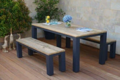 OUTFLEXX Oxford Esstischgarnitur, Dark Grey/natur, Alu/recycled FSC-Teak, Esstisch 180x90cm, 2x Bank 150x40cm