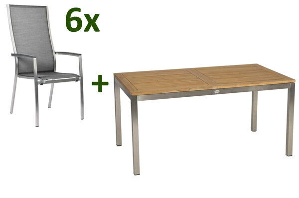 STERN Cardiff Esstischgarnitur, Silber/silbergrau, Edelstahl/Textilen/FSC-Teakholz/Alu, 162/220 X 90 Cm, 6 Stapelsessel, Butterfly-Auszug 3 STERN Cardiff Esstischgarnitur, Silber/silbergrau, Edelstahl/Textilen/FSC-Teakholz/Alu, 162/220 X 90 Cm, 6 Stapelsessel, Butterfly-Auszug