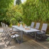 SIENA GARDEN Savina XL/Kingston Esstischgarnitur, Matt Graphit/grau/wood Look, Alu/Teak/Keramik/Texfabric, Tisch 220/340x108 Cm, 6 Multipos.