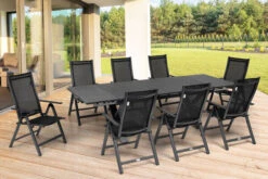 OUTFLEXX Esstischgarnitur, OUTFLEXX® Anthrazit Matt, Alu / Spraystone / Textil, Tisch 180/280x100cm, 8 Multipositionssessel