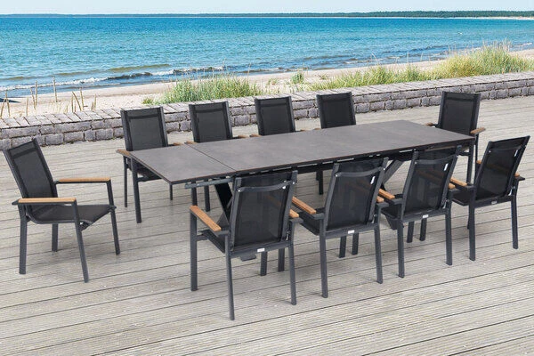 OUTFLEXX Esstischgarnitur, OUTFLEXX® Anthrazit Matt, Alu /HPL / Teak, Tisch 180/280x100cm, 10 Stapelsessel 3 OUTFLEXX Esstischgarnitur, OUTFLEXX® Anthrazit Matt, Alu /HPL / Teak, Tisch 180/280x100cm, 10 Stapelsessel