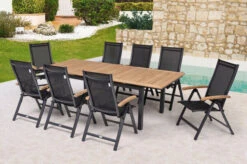 OUTFLEXX Esstischgarnitur, OUTFLEXX® Anthrazit Matt, Alu / Teak / Textil, Tisch 180/240x100cm, 8 Multipositionssessel
