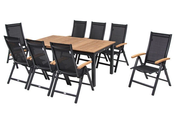 OUTFLEXX Esstischgarnitur, OUTFLEXX® Anthrazit Matt, Alu / Teak / Textil, Tisch 180/240x100cm, 8 Multipositionssessel 4 OUTFLEXX Esstischgarnitur, OUTFLEXX® Anthrazit Matt, Alu / Teak / Textil, Tisch 180/240x100cm, 8 Multipositionssessel – Bild 2