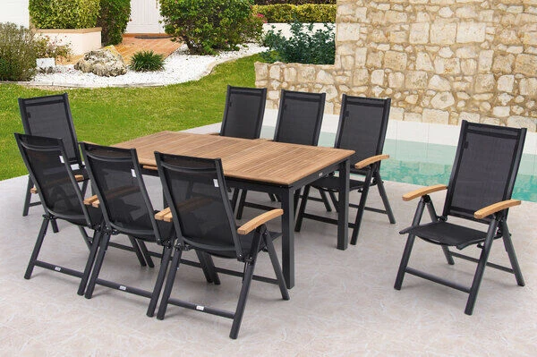 OUTFLEXX Esstischgarnitur, OUTFLEXX® Anthrazit Matt, Alu / Teak / Textil, Tisch 180/240x100cm, 8 Multipositionssessel 8 OUTFLEXX Esstischgarnitur, OUTFLEXX® Anthrazit Matt, Alu / Teak / Textil, Tisch 180/240x100cm, 8 Multipositionssessel – Bild 6