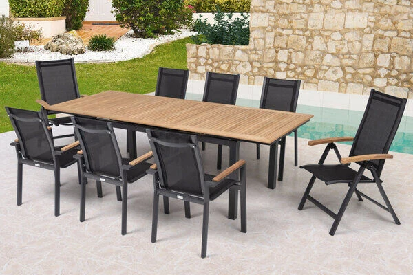 OUTFLEXX Esstischgarnitur, OUTFLEXX® Anthrazit Matt, Alu / Teak / Textil, Tisch 180/240x100cm, 6 Stapelsessel, 2 Multipo 3 OUTFLEXX Esstischgarnitur, OUTFLEXX® Anthrazit Matt, Alu / Teak / Textil, Tisch 180/240x100cm, 6 Stapelsessel, 2 Multipo