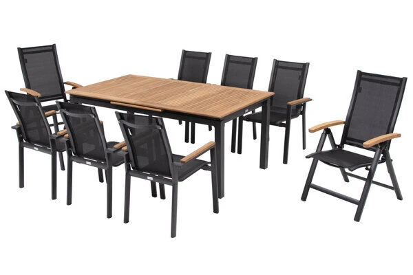 OUTFLEXX Esstischgarnitur, OUTFLEXX® Anthrazit Matt, Alu / Teak / Textil, Tisch 180/240x100cm, 6 Stapelsessel, 2 Multipo 4 OUTFLEXX Esstischgarnitur, OUTFLEXX® Anthrazit Matt, Alu / Teak / Textil, Tisch 180/240x100cm, 6 Stapelsessel, 2 Multipo – Bild 2