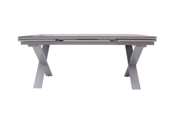 OUTFLEXX Esstischgarnitur, Silber, Alu / HPL / Textil, Tisch 180/280x100cm, 8 Stapelsessel 14 OUTFLEXX Esstischgarnitur, Silber, Alu / HPL / Textil, Tisch 180/280x100cm, 8 Stapelsessel – Bild 12