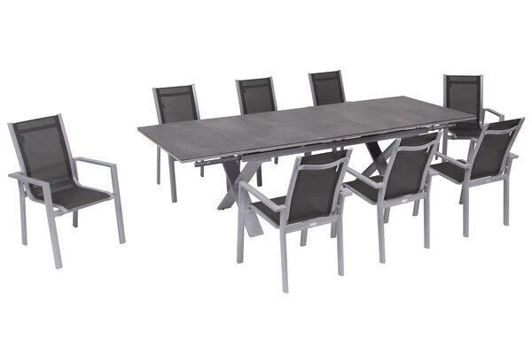 OUTFLEXX Esstischgarnitur, Silber, Alu / HPL / Textil, Tisch 180/280x100cm, 8 Stapelsessel 19 OUTFLEXX Esstischgarnitur, Silber, Alu / HPL / Textil, Tisch 180/280x100cm, 8 Stapelsessel – Bild 17