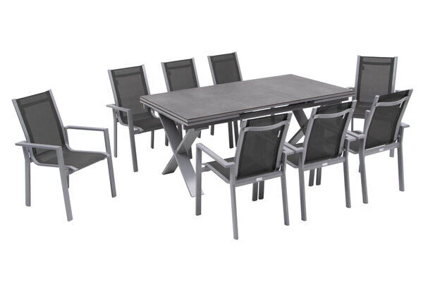 OUTFLEXX Esstischgarnitur, Silber, Alu / HPL / Textil, Tisch 180/280x100cm, 8 Stapelsessel 4 OUTFLEXX Esstischgarnitur, Silber, Alu / HPL / Textil, Tisch 180/280x100cm, 8 Stapelsessel – Bild 2