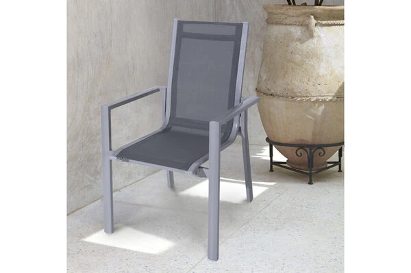 OUTFLEXX Esstischgarnitur, Silber, Alu / HPL / Textil, Tisch 180/280x100cm, 8 Stapelsessel 5 OUTFLEXX Esstischgarnitur, Silber, Alu / HPL / Textil, Tisch 180/280x100cm, 8 Stapelsessel – Bild 3