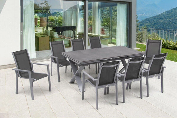 OUTFLEXX Esstischgarnitur, Silber, Alu / HPL / Textil, Tisch 180/280x100cm, 8 Stapelsessel 8 OUTFLEXX Esstischgarnitur, Silber, Alu / HPL / Textil, Tisch 180/280x100cm, 8 Stapelsessel – Bild 6