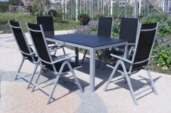 VILLANA Esstischgarnitur, Silber/schwarz, Alu/Holzimitat/Textil, Tisch 150x90cm, 6 Multipositionssessel