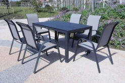 VILLANA Esstischgarnitur, Anthrazit/grau, Alu/Holzimitat/Textil, Tisch 150x90cm, 6 Sessel, Stapelbar