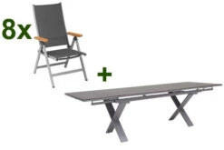 KETTLER Granada Esstischgarnitur, Silber / Anthrazit, Alu / HPL / Teak, Tisch 180/280x100cm, 8 Multipositionssessel
