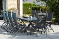 HARTMAN Sondermodell Xanadu / Primo Sitzgruppe, Xerix/natur, Alu/Teak/Glaskeramik, 10 Multipo, 220/280x100cm, X-Gestell, FSC-Teak Armlehnen