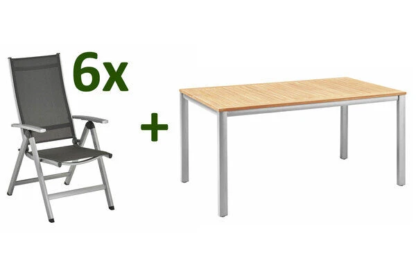 KETTLER Granada/Easy Sitzgruppe, Silber/anthrazit, Alu/Textilene, Teaktisch 160x95 Cm,6 Multipo, FSC-Teak Tischplatte 3 KETTLER Granada/Easy Sitzgruppe, Silber/anthrazit, Alu/Textilene, Teaktisch 160x95 Cm,6 Multipo, FSC-Teak Tischplatte
