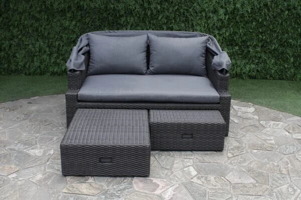 OUTFLEXX Fontana Loungebett, Grau, Polyrattan, Doppel-halbrund, Mit Unterschiebbaren Hockern, Dach Klappbar 4 OUTFLEXX Fontana Loungebett, Grau, Polyrattan, Doppel-halbrund, Mit Unterschiebbaren Hockern, Dach Klappbar – Bild 2