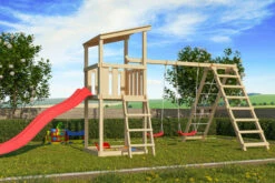 KARIBU Anna Turm, Naturbelassen, Nordische Fichte, 415x264x270cm, Mit Rutsche Rot,Doppelschaukel Und Gerüst