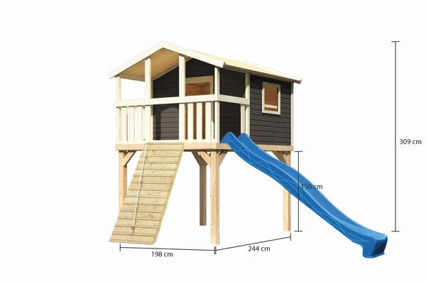 KARIBU Benjamin Stelzenhaus, Terragrau, Nordische Fichte, 198x244x309cm, Mit Rutsche Blau Und Holzrampe 7 KARIBU Benjamin Stelzenhaus, Terragrau, Nordische Fichte, 198x244x309cm, Mit Rutsche Blau Und Holzrampe – Bild 5