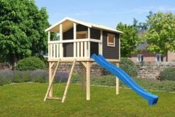 KARIBU Benjamin Stelzenhaus, Terragrau, Nordische Fichte, 198x244x309cm, Mit Rutsche Blau Und Netzrampe