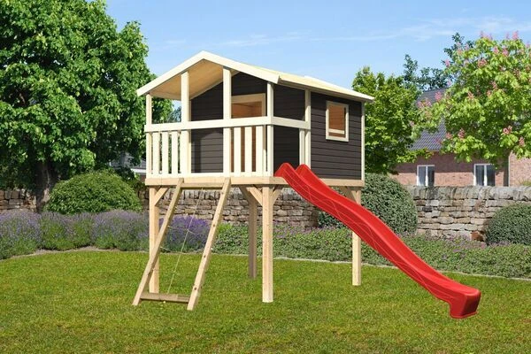 KARIBU Benjamin Stelzenhaus, Terragrau, Nordische Fichte, 198x244x309cm, Mit Rutsche Rot Und Netzrampe 3 KARIBU Benjamin Stelzenhaus, Terragrau, Nordische Fichte, 198x244x309cm, Mit Rutsche Rot Und Netzrampe