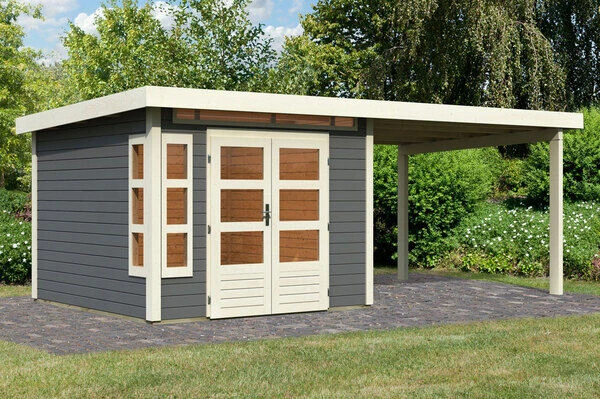 KARIBU Gartenhaus Kastorf 6, Terragrau, Fichtenholz 28mm, 612 X 274 X 222 Cm, Flachdach, Anbau 3,2m 3 KARIBU Gartenhaus Kastorf 6, Terragrau, Fichtenholz 28mm, 612 X 274 X 222 Cm, Flachdach, Anbau 3,2m