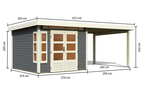 KARIBU Gartenhaus Kastorf 6, Terragrau, Fichtenholz 28mm, 612 X 274 X 222 Cm, Flachdach, Anbau 3,2m 7 KARIBU Gartenhaus Kastorf 6, Terragrau, Fichtenholz 28mm, 612 X 274 X 222 Cm, Flachdach, Anbau 3,2m – Bild 5