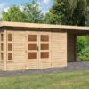 KARIBU Gartenhaus Kastorf 7, Naturbelassen, Fichtenholz 28mm, 702 X 244 X 222 Cm, Flachdach, Anbau 3,2m Mit Rückwand -Dopple Geschaft 30468 3 01.jpg