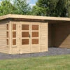 KARIBU Gartenhaus Kastorf6 , Naturbelassen, Fichtenholz 28mm, 612 X 274 X 222 Cm, Flachdach, Anbau 3,2m Mit Rück- Und Seitenwand -Dopple Geschaft 30469 1 01.jpg