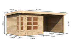KARIBU Gartenhaus Kastorf6 , Naturbelassen, Fichtenholz 28mm, 612 X 274 X 222 Cm, Flachdach, Anbau 3,2m Mit Rück- Und Seitenwand -Dopple Geschaft 30469 1 05.jpg