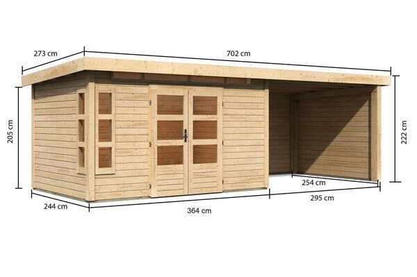 KARIBU Gartenhaus Kastorf7 , Naturbelassen, Fichtenholz 28mm, 702 X 244 X 222 Cm, Flachdach, Anbau 3,2m Mit Rück- Und Seitenwand 7 KARIBU Gartenhaus Kastorf7 , Naturbelassen, Fichtenholz 28mm, 702 X 244 X 222 Cm, Flachdach, Anbau 3,2m Mit Rück- Und Seitenwand – Bild 5