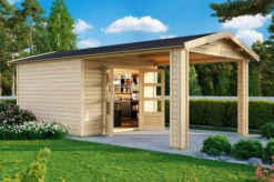 KARIBU Gartenhaus Theres 3, Naturbelassen, Fichtenholz 28mm, 528 X 240 X 242 Cm, Satteldach, Inkl. Dachausbauelement