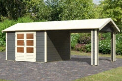 KARIBU Gartenhaus Theres 7, Terragrau, Fichtenholz 28mm, 648 X 304 X 250 Cm, Satteldach, Inkl. Dachausbauelement